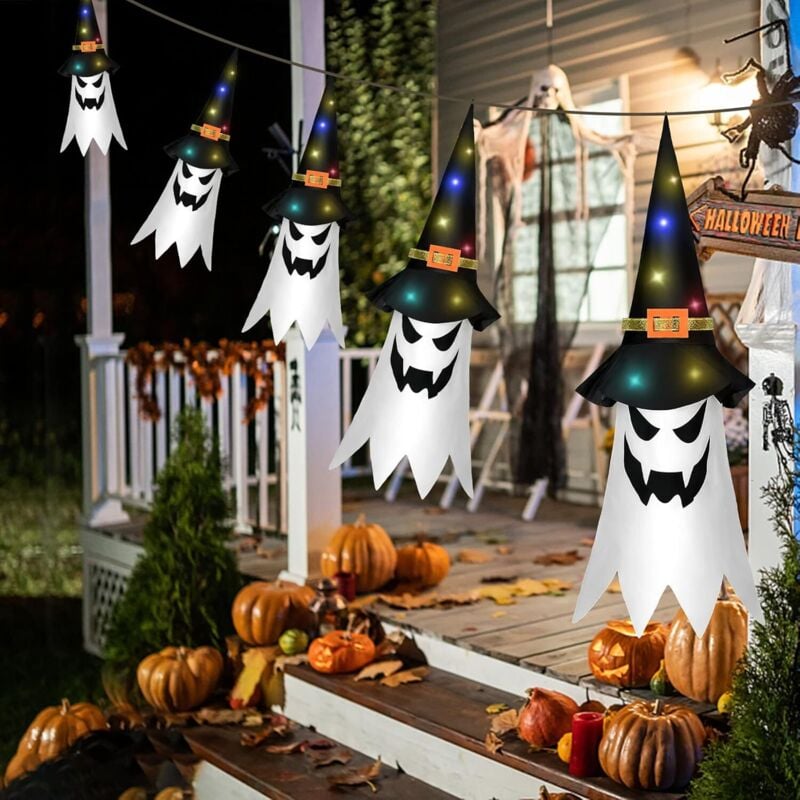 Bluedeer - Halloween-Deko Garten Outdoor,5 Stück Hängende Geister mit Hexenhut,Halloween Lichterkette Fliegende Geisterhüte mit10 led Lichtern für