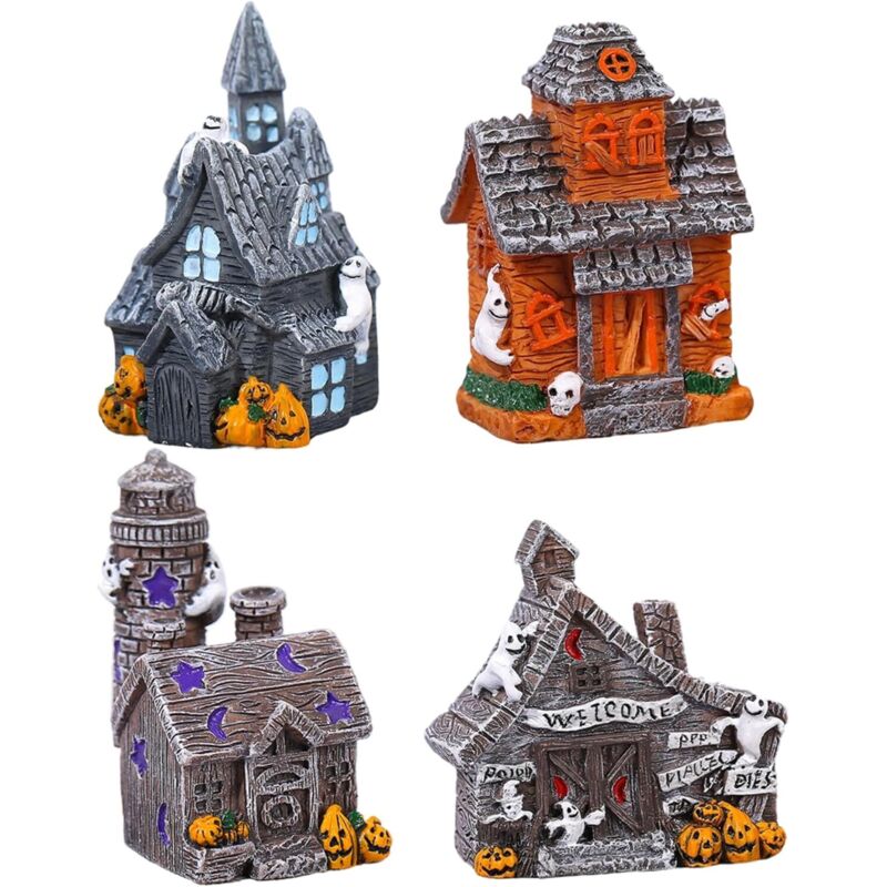 Halloween-Dorf, 4 Stück, 4 Stile, realistisches Harz, Halloween-Dorfhäuser für Party, Tisch, Heimdekoration