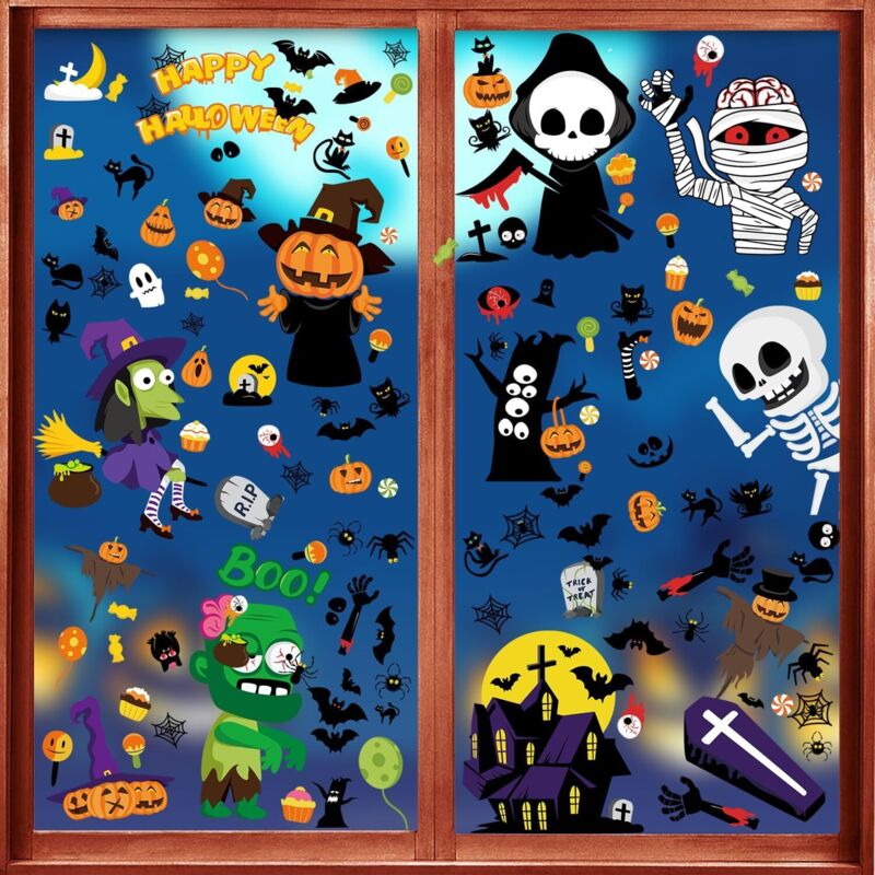 Bluedeer - Halloween Fensteraufkleber, 9 Blatt Halloween Fenster Aufkleber Deko Sticker, Doppelseitiges Fensterbilder mit Kürbis, Fledermaus, Spinne