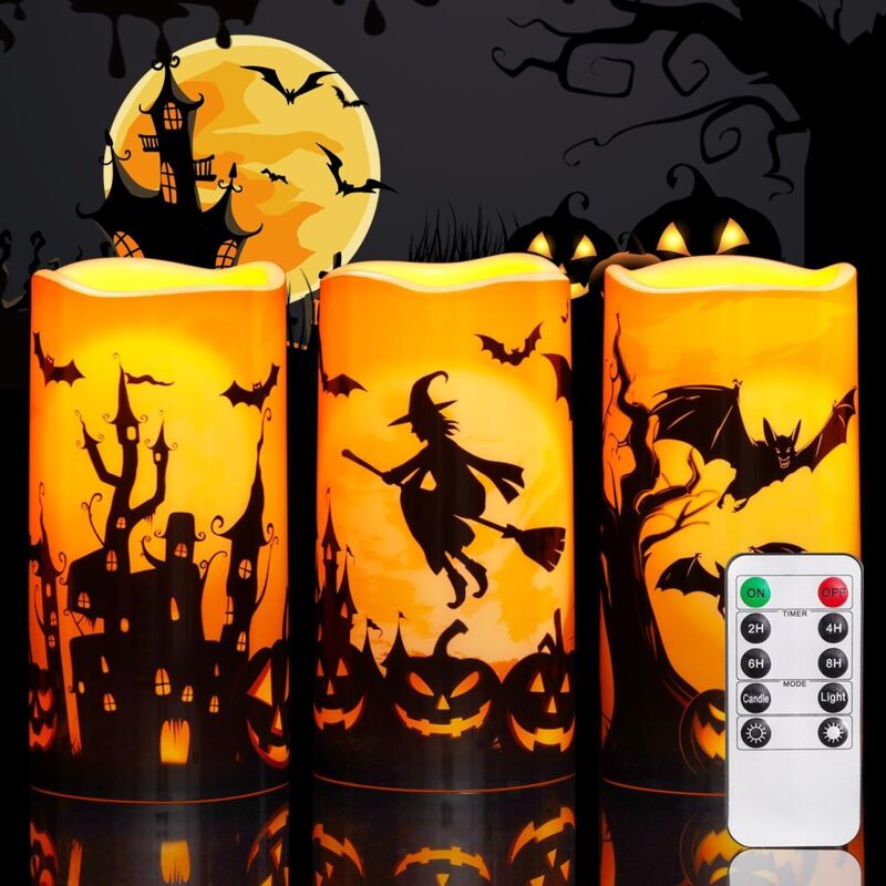 Halloween Flammenlose Kerzen mit Fernbedienung Timer, Orange Batteriebetriebene Wasserdicht Outdoor LED-Kerzen, Gruselige Kerzen für Halloween-Deko,
