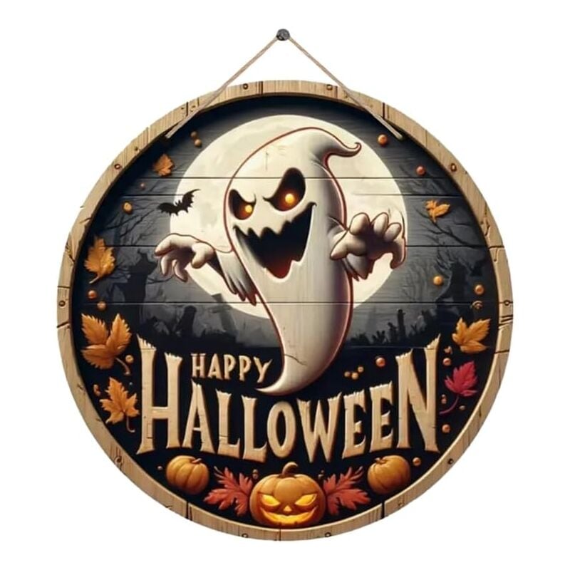 Cofi 1453 - Halloween Geist Türschild Deko aus Holz, Happy Halloween, Willkommensschild Fröhliches Halloween Eingangstür