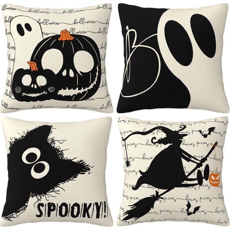 Halloween Kissenbezug 40 x 40 cm 4er Set, Schwarze Katze Kürbis Geist Dekorative Kissenbezüge Halloween Dekoration für Home Sofa Schlafzimmer
