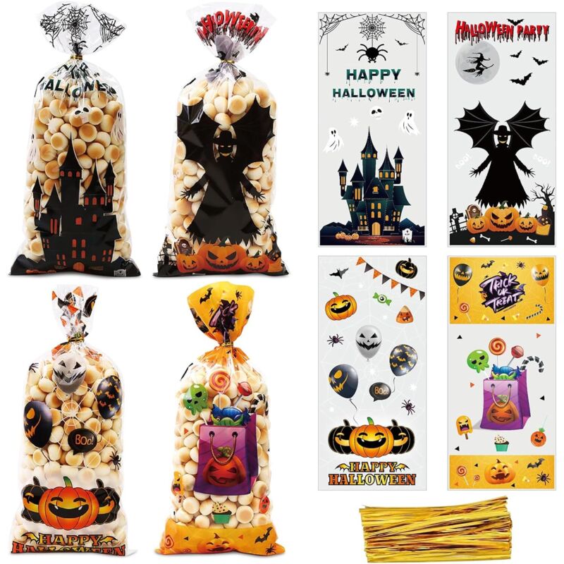 Halloween-Süßigkeitentüten, 100 Stück, Halloween-Süßigkeitentüten, Geschenktüten, Halloween-Zellophantüten für Kinder, 8 verschiedene Designs, mit