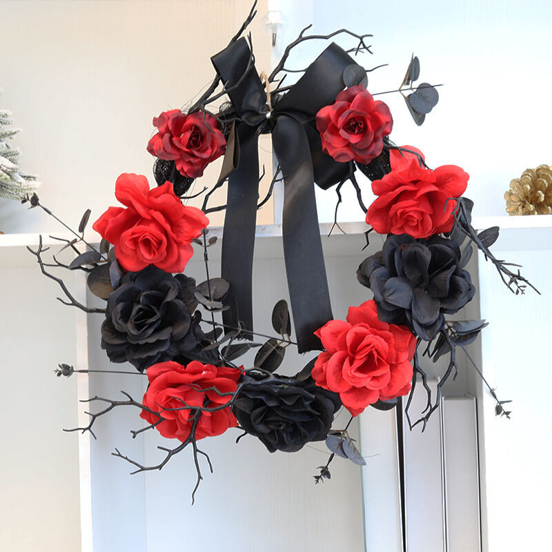 Halloween-Türkranz aus rotem und schwarzem Totholz mit Rosen, schwarzer Halloween-Türkranz, Dekoration für Veranda, Fenster, Innen- und Außenbereich