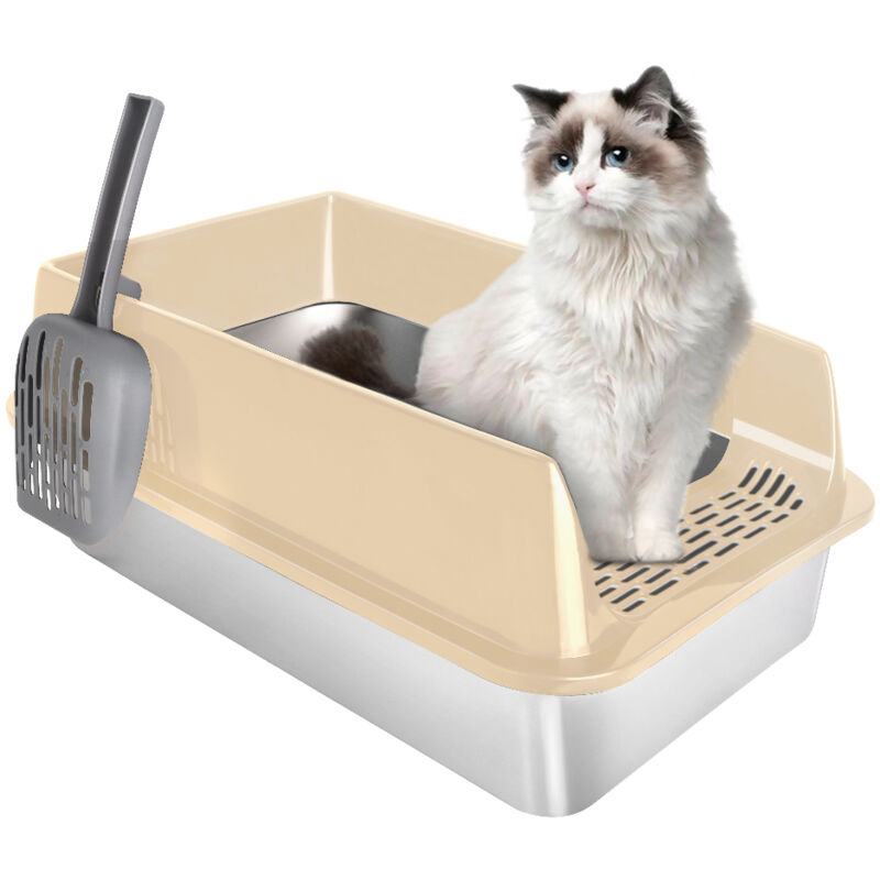 Haloyo® Faltbare Katzentoilette, Katzentoilette, Ausziehbare Katzenstreuschublade, Schaufel, 60x40x30cm, PP+Edelstahl, Khaki