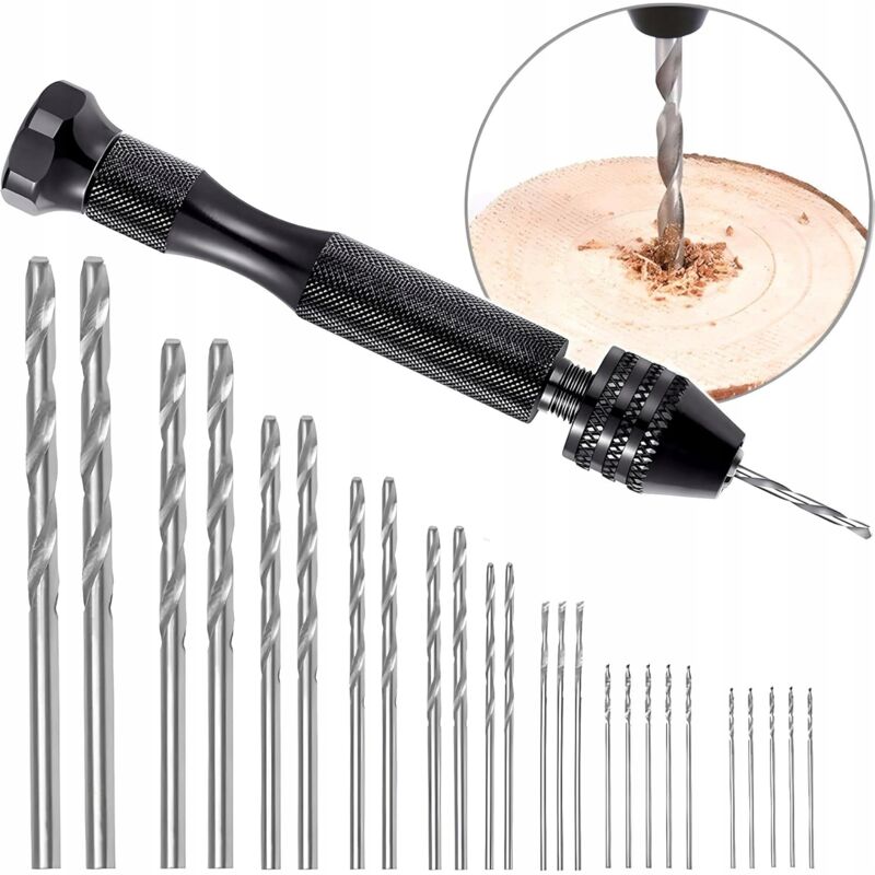 Handgeführte Mini-Pressbohrmaschine schwarz + Satz mit 25 Bohrern 0,5–3 mm für Holz-Kunststoff-Heimwerker