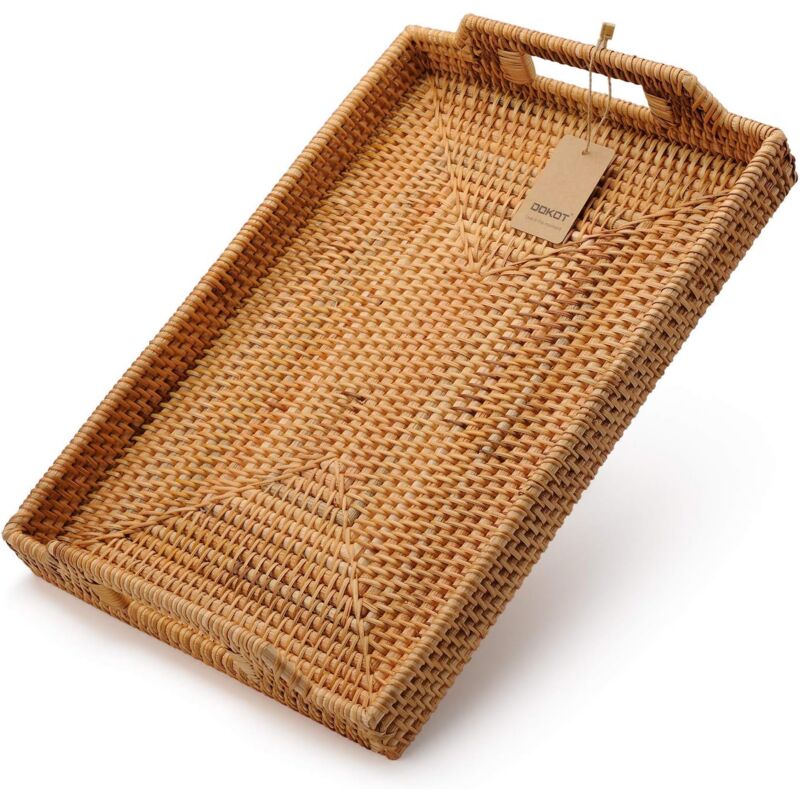 Jusch - Handgewebtes rechteckiges Serviertablett aus Rattan mit Griffen für Frühstück, Getränke, Snacks für den Couchtisch