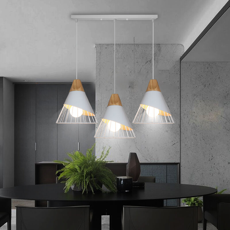 Hängelampen 3 Flammig, Kreativer Industriell Kronleuchter in Badmintonform, Deckenlampen mit Metall Holz Lampenschirm für Wohnzimmer Esszimmer (Weiß)