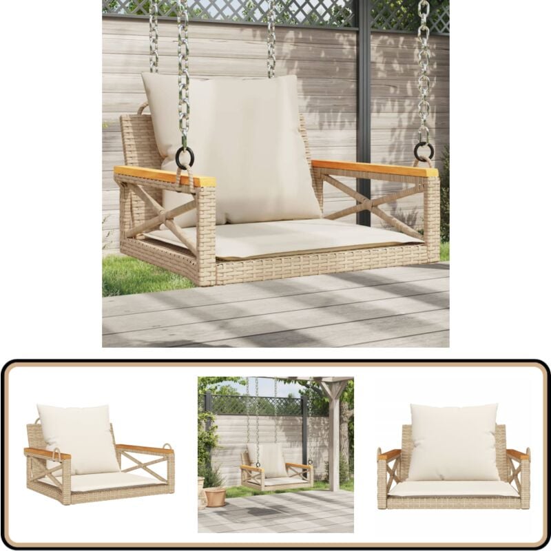 Hängesessel mit Kissen Beige 63x62x40 cm Poly Rattan - Outdoor Möbel - Gartenmöbel - Gartenschaukel - Hängesessel - Relaxsessel
