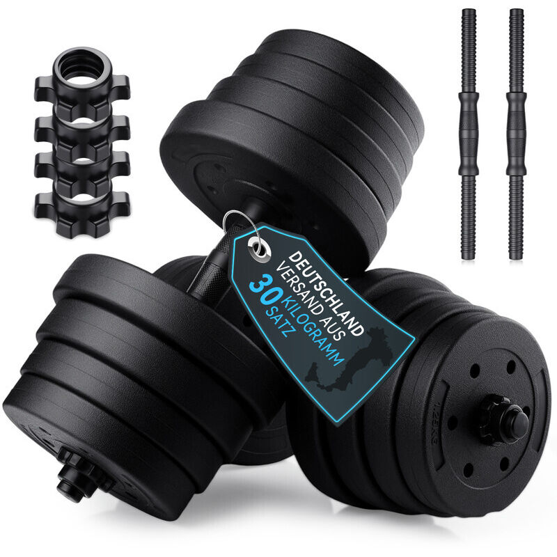 Hantelset 30 kg verstellbar mit PVC-Zementfüllung, 2-in-1 Kurzhantel & Langhantel mit Verbindungsteil, Robuste Fitness-Hanteln für Zuhause,