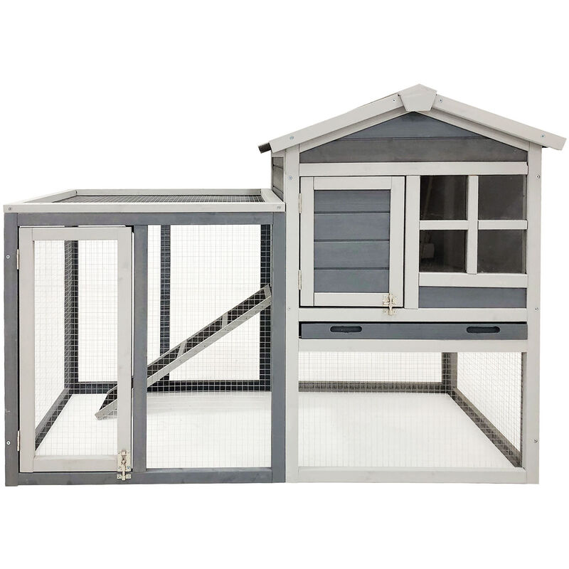 Wiltec Hasenstall grau-weiß 1220 x 630 x 920 mm mit Freilaufgehege und erhöhtem Unterschlupf aus Holz, Kaninchenkäfig mit 2 Etagen, Kleintierstall