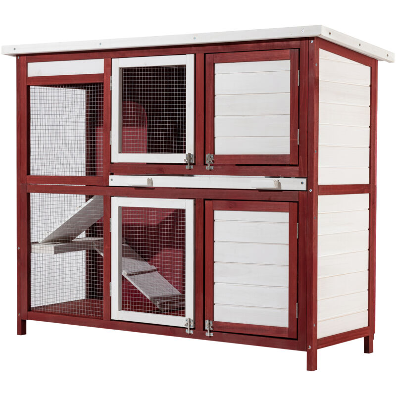 Wiltec Kaninchenstall rot weiß 1175 x 410 x 1000 mm, Hasenstall als Ergänzung für Freilauf, Kaninchenkäfig Hasenkäfig mit 4 Türen und Treppe