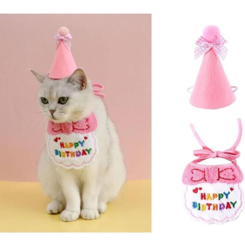 Haustier-Bandana für Katze und Hund „Happy Birthday“ – Party-Schals und Mütze – Mini-Hund – Haustier-Accessoires – Rosa