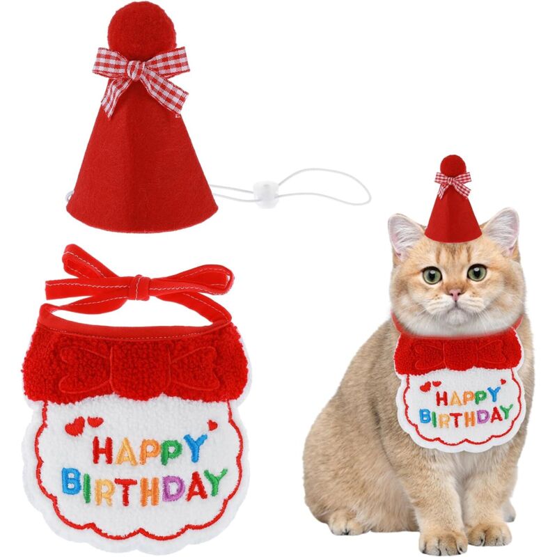 Haustier-Halstuch für Katze und Hund „Happy Birthday“ – Party-Schals und Mütze – Mini-Hund – Haustier-Zubehör – Rot