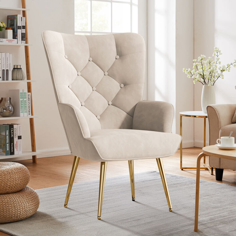Eleganter Sessel polsterstuhl Ohnzimmer Sessel Schminktisch Stuhl mit Metall Beinen Sessel fürs Wohnzimmer/SchlafzimmerBis 150 kg belastbar Beige