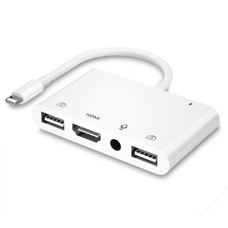 HDMI-OTG-Adapter für iPhone, HDMI + Dual-USB-Buchse OTG + 3,5-mm-Kopfhörer-Splitter-Adapter mit Ladeanschluss, kompatibel mit iPhone