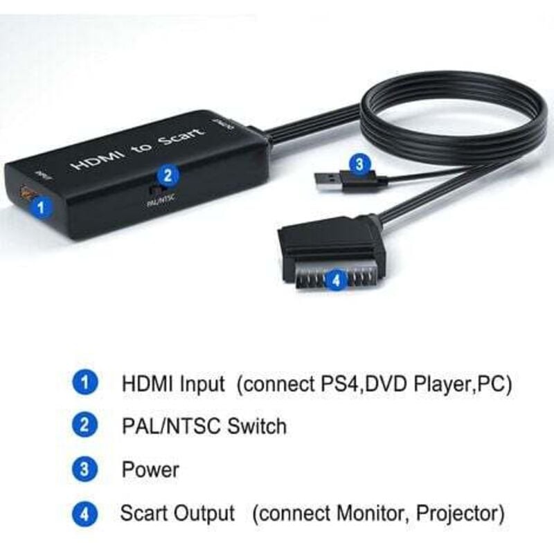 HDMI-Scart-Adapter mit HDMI- und Scart-Kabeln, HDMI-zu-Scart-Konverter, kompatibel mit NTSC/PAL für PS4 Sky HD Blu-Ray-Player HDTV STB