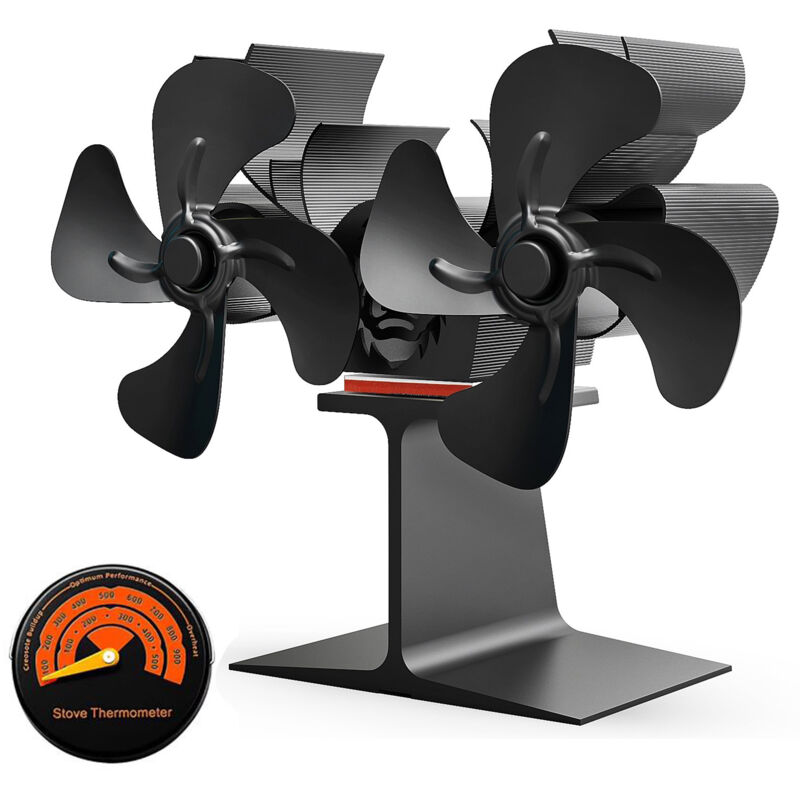 Heizlüfter mit zwei Motoren für Holz-, Gas- oder Pelletöfen, mit integriertem Magnetthermometer, schwarz. Kompatibel mit Holz-, Gas- und Pelletöfen.