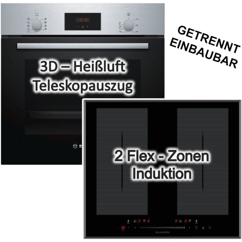 Herdset Bosch Backofen 3D-Heißluft + Kochfeld Flächeninduktion Booster 60cm autark