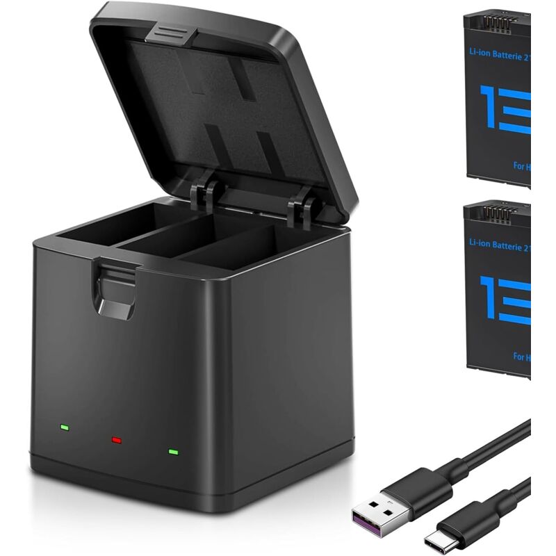 Hero 13 Akku 2 Stück und Ladegerät, Set für Hero 13 Black 2100 mAh Hero 13, 3-Slot-Box mit LED-USB-Anzeige und Typ-C-Anschluss (1 Ladegerät + 2 Akkus)