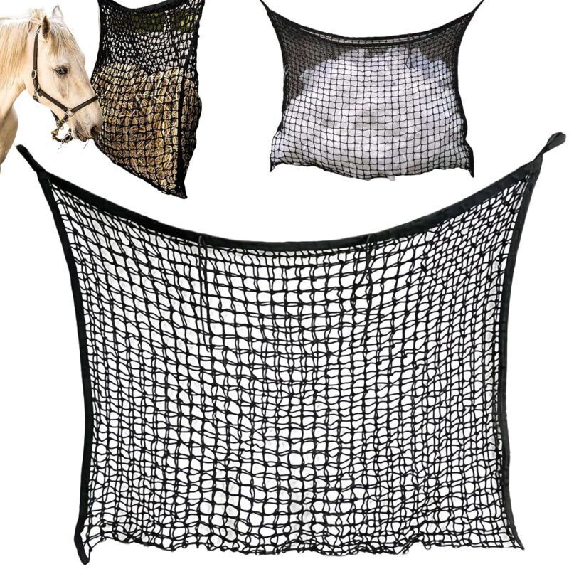 Heunetz, Heunetz für Pferde 120 x 90 cm, Pferdefütterungsnetz, Heusack mit Maschengewebe, extra großes Heunetz für Ponys, Ziegen, Tiere (Schwarz)