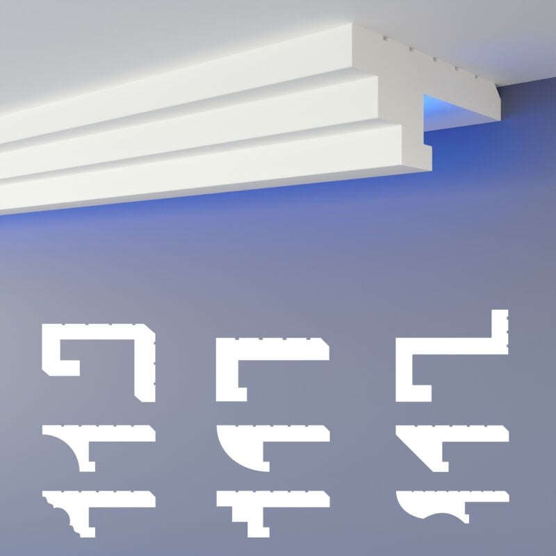 Heximo - led Schattenfugen Profil Stuckleisten, indirekte Beleuchtung xps Styropor Trockenbau Decke: 30.6 Meter / 18 Leisten, HLED-13 - 90x35 mm