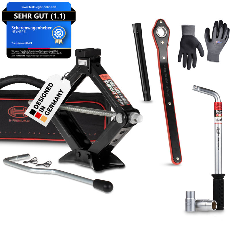 HEYNER® Wagenheber 1t Traglast Scherenwagenheber Set mit Radmutternschlüssel & Montagehandschuhe drehbarer Sattel und Gummiauflage TÜV & GS