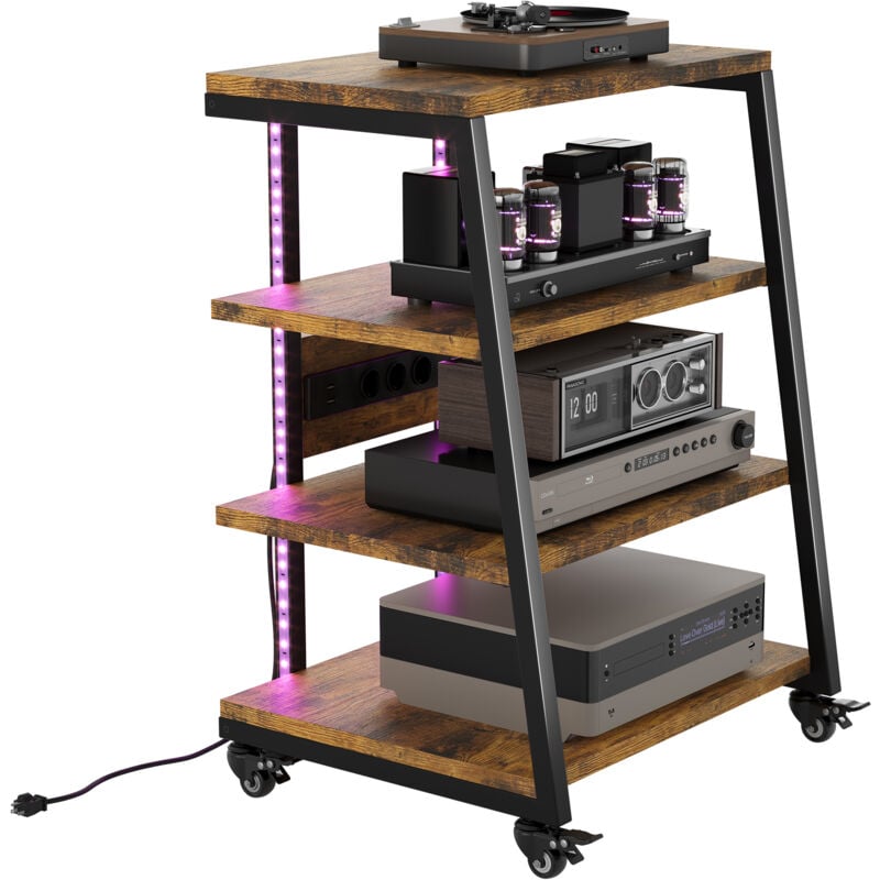 Xiiw - HiFi Rack aus Holz und Stahl, tv Rack mit verstellbaren Ablagen, Audio Schrank für dvd, Stereoanlagen Spielkonsolen, HiFi Regal mit