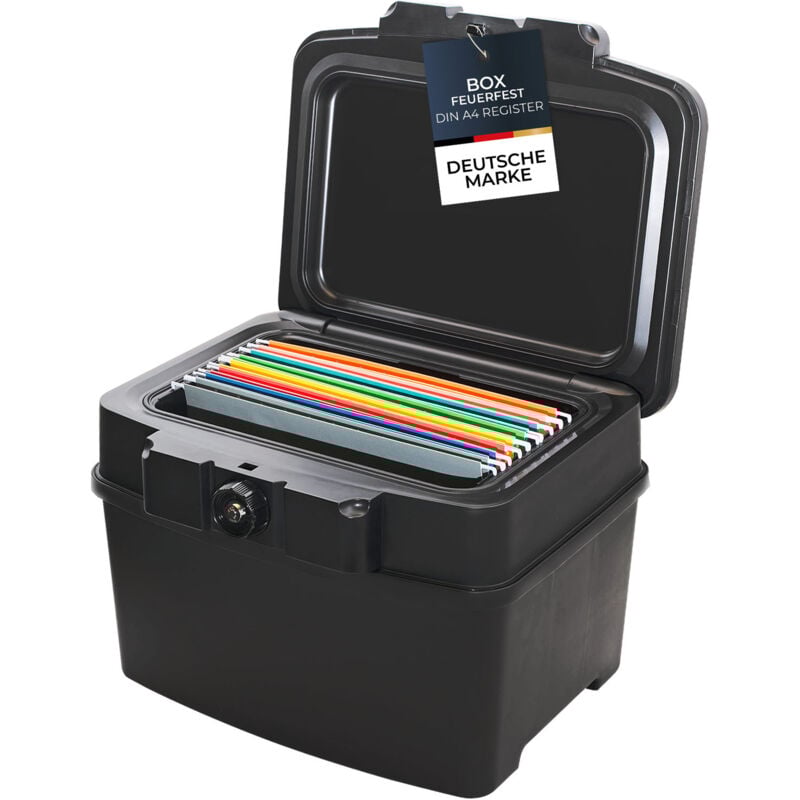 HMF 250453 Feuerfeste Wasserdichte Dokumentenbox, DIN A4 Register, Schwarz