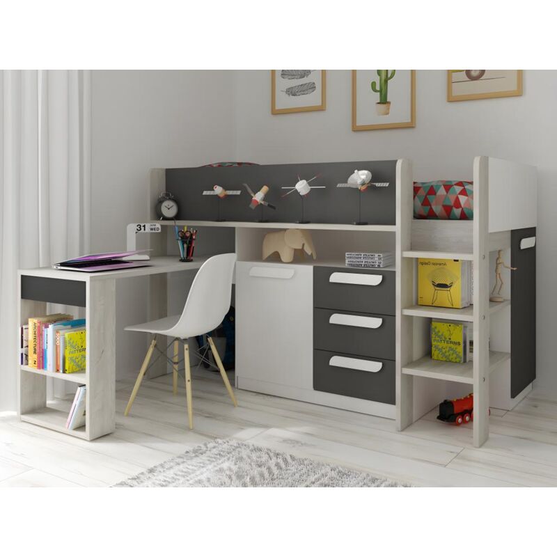 Hochbett 6020 Anthrazitweiß mit ausziehbarem Schreibtisch