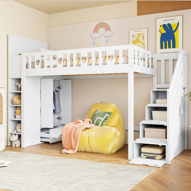 Hochbett, 90 x 200 cm, Aufbewahrungsleiter, Regale, faltbarer Aufbewahrungsschrank, freier Platz unter dem Bett zum Ankleiden, liebesförmiges