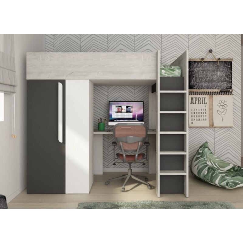 Hochbett 205x183 cm mit Kleiderschrank und Schreibtisch in Graphitschwarz, Mattweiß und Eiche - Armenia