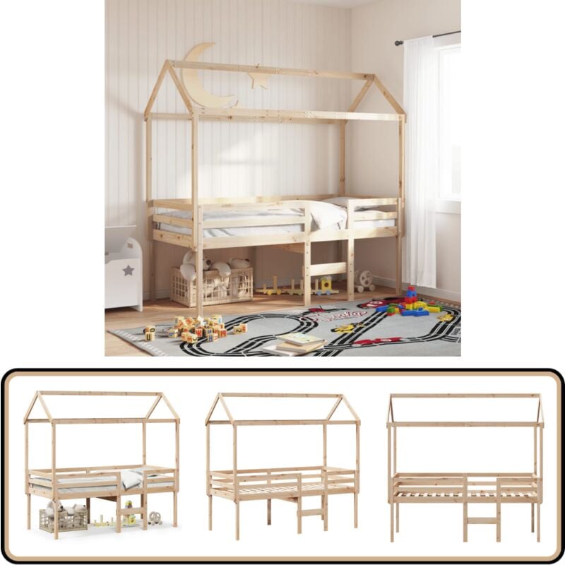 Hochbett mit Dach 80x200 cm Massivholz Kiefer - Kinderbett - Hochbett - Holzbett - Kiefernholzbett - Jugendzimmer