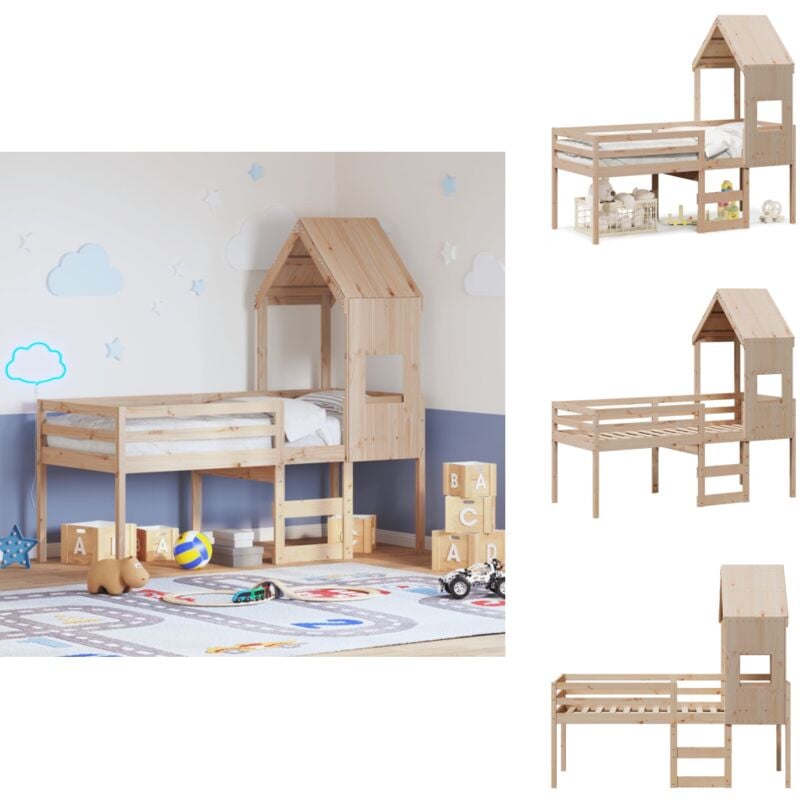Hochbett mit Dach 90x190 cm Massivholz Kiefer - Kinderbett - Hochbett - Holzbett - Kiefernholzbett - Jugendzimmer