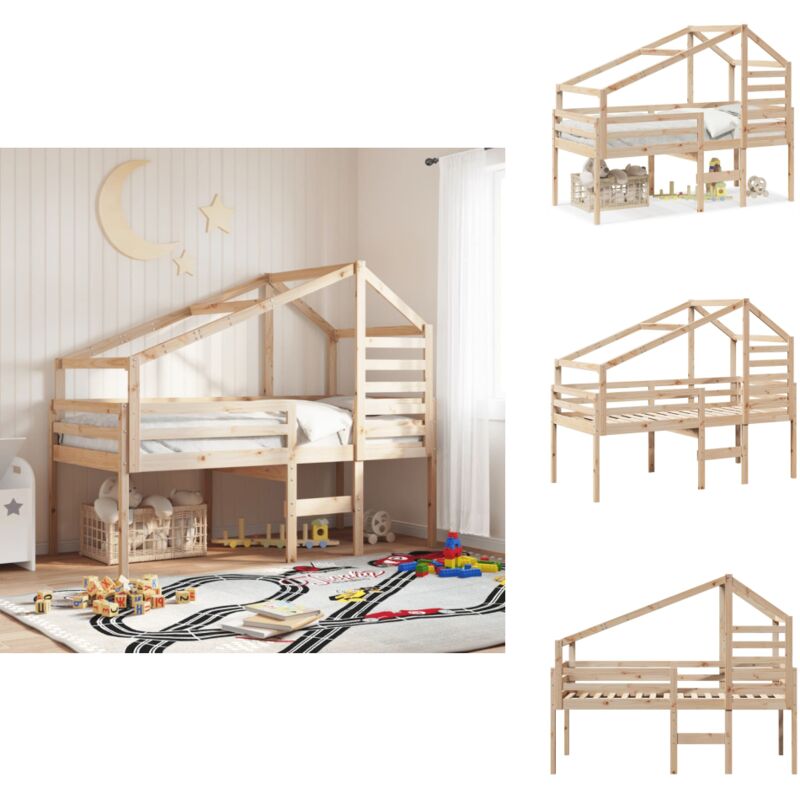 Hochbett mit Dach 90x200 cm Massivholz Kiefer - Kinderbett - Hochbett - Holzbett - Kiefernholzbett - Jugendzimmer