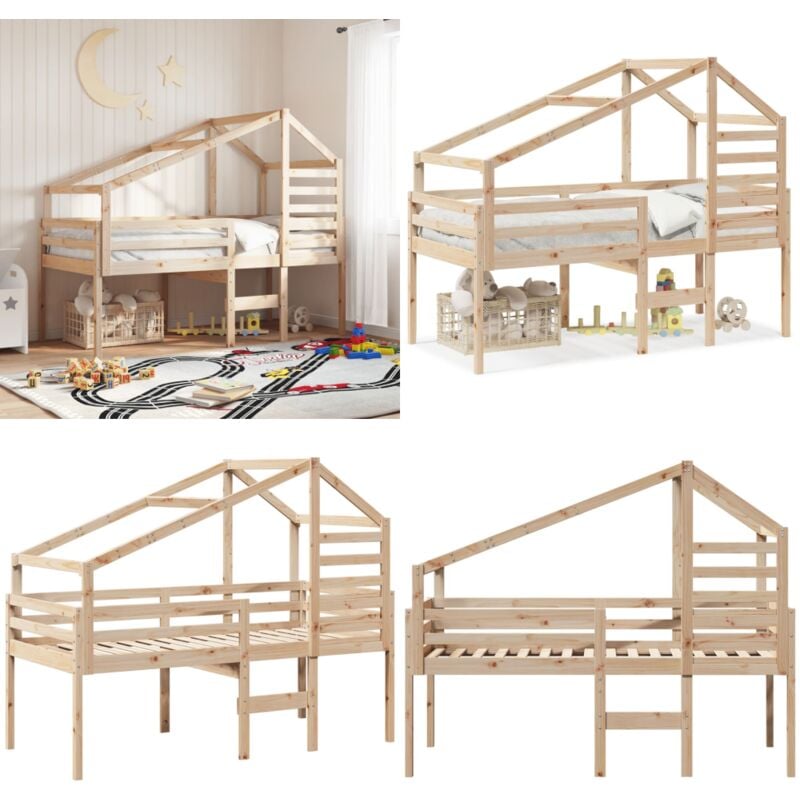 Hochbett mit Dach 90x200 cm Massivholz Kiefer - Kinderbett - Hochbett - Holzbett - Kiefernholzbett - Jugendzimmer - Home & Living