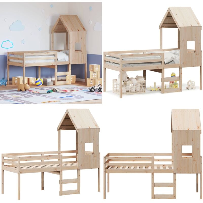 Hochbett mit Dach 90x200 cm Massivholz Kiefer - Kinderbett - Hochbett - Holzbett - Kiefernholzbett - Jugendzimmer - Home & Living