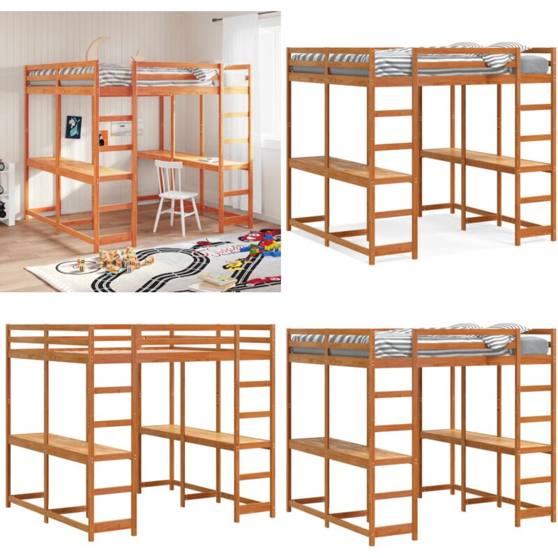 Hochbett mit Schreibtisch & Leiter Braun 160x200 cm Kiefernholz - Holzbett - Hochbett - Jugendzimmer - Kinderzimmer - Schlafzimmereinrichtung - Home