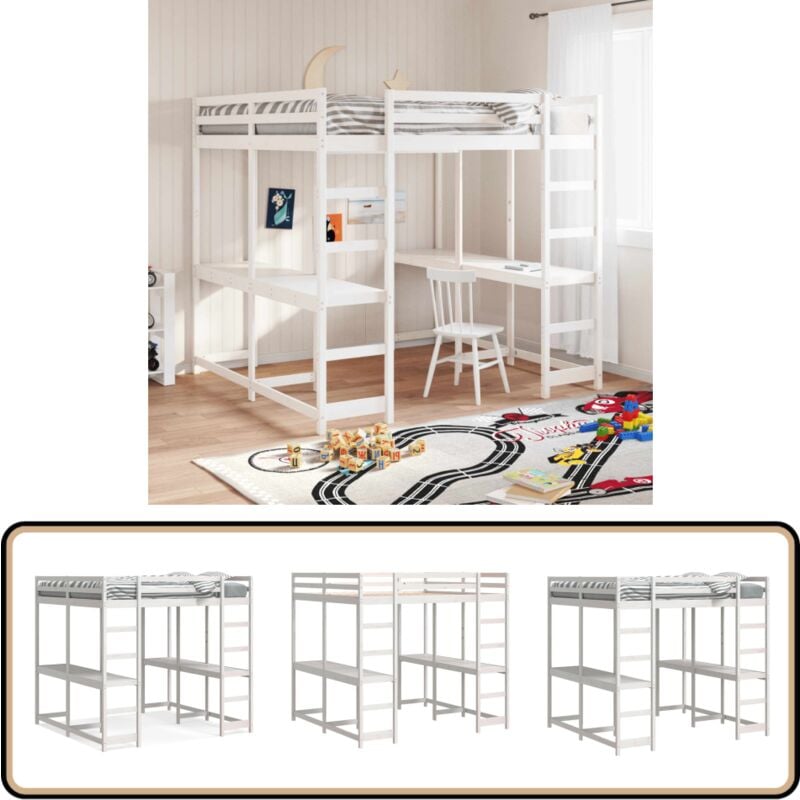 Hochbett mit Schreibtisch & Leiter Weiß 180x200 cm Kiefernholz - Holzbett - Hochbett - Kinderzimmer - Jugendzimmer - Schlafzimmerschrank