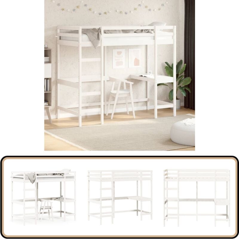 Hochbett mit Schreibtisch Weiß 90x190 cm Massivholz Kiefer - Hochbett - Jugendzimmer - Kinderschlafzimmer - Schreibtischbett - Holzbett