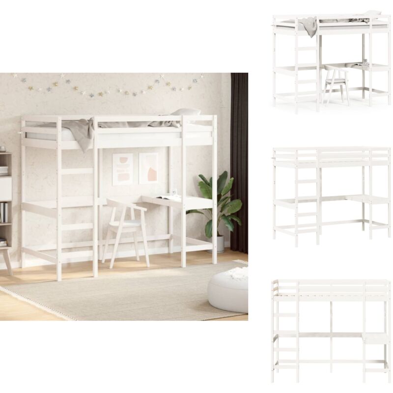 Hochbett mit Schreibtisch Weiß 90x190 cm Massivholz Kiefer - Hochbett - Jugendzimmer - Kinderschlafzimmer - Schreibtischbett - Holzbett