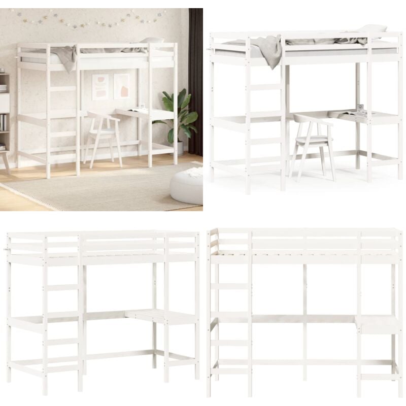 Hochbett mit Schreibtisch Weiß 90x190 cm Massivholz Kiefer - Hochbett - Jugendzimmer - Kinderschlafzimmer - Schreibtischbett - Holzbett - Home &