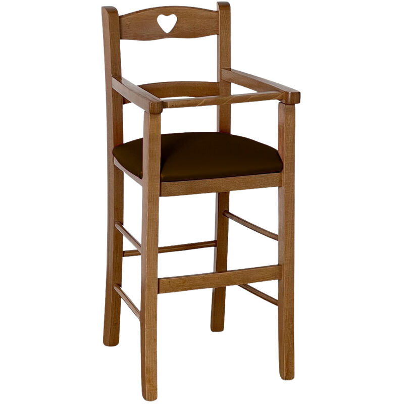 Hochstuhl aus hellem Nussbaumholz mit gepolsterter Sitzfläche aus braunem Kunstleder