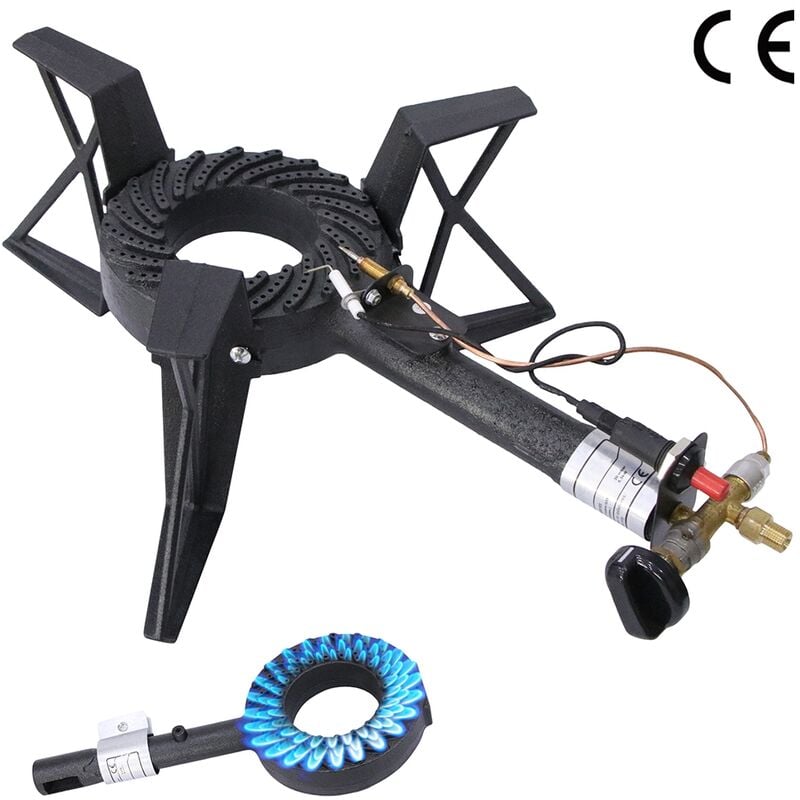 Hockerkocher Piezozündung 3 Bein 6,5KW Gasbrenner Gaskocher Gusseisen Stahl Campingkocher Gasherdplatte