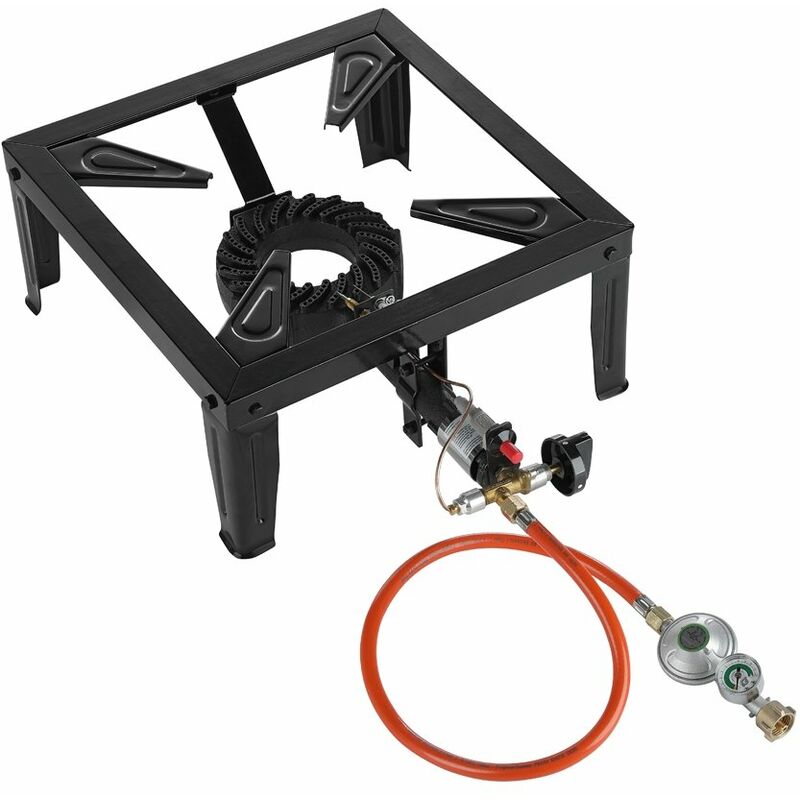 Hockerkocher Piezozündung 4 Bein + Gasschlauch Manometer 6,5KW Gasdruckregler Gusseisen Stahl Gaskocher Gasbrenner Campingkocher