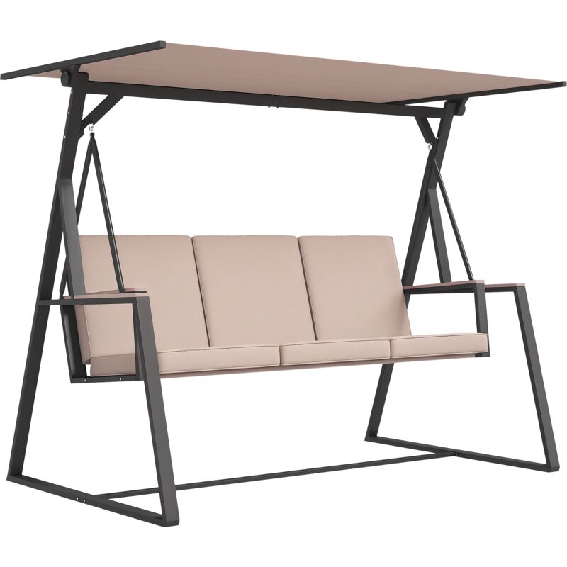 Outsunny Hollywoodschaukel 3-Sitzer Schaukelbank mit Kissen, Gartenschaukel mit Verstellbarem Dach, bis 300 kg Belastbar, Khaki, 205 x 130 x 175 cm