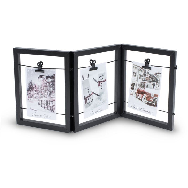 Spetebo - Holz Bilderrahmen mit Gummileine für 3 Fotos - 54 x 23 cm - Fotohalter aufklappbar mit 3 Clips - Foto Collage Bildergalerie Rahmen faltbar