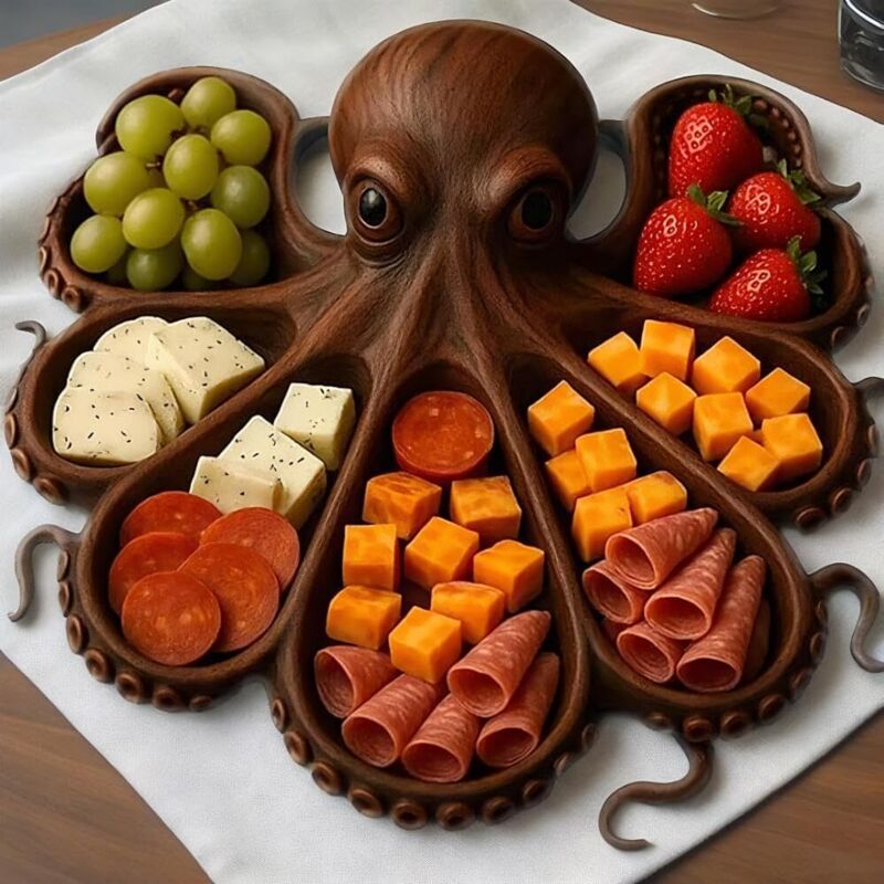 Holzbrett mit Ozeanmotiv, ideal für Käse, Wurstwaren und Obst, für Meeresfrüchte-, Strand- und Maritime-Liebhaber (Octopus A)