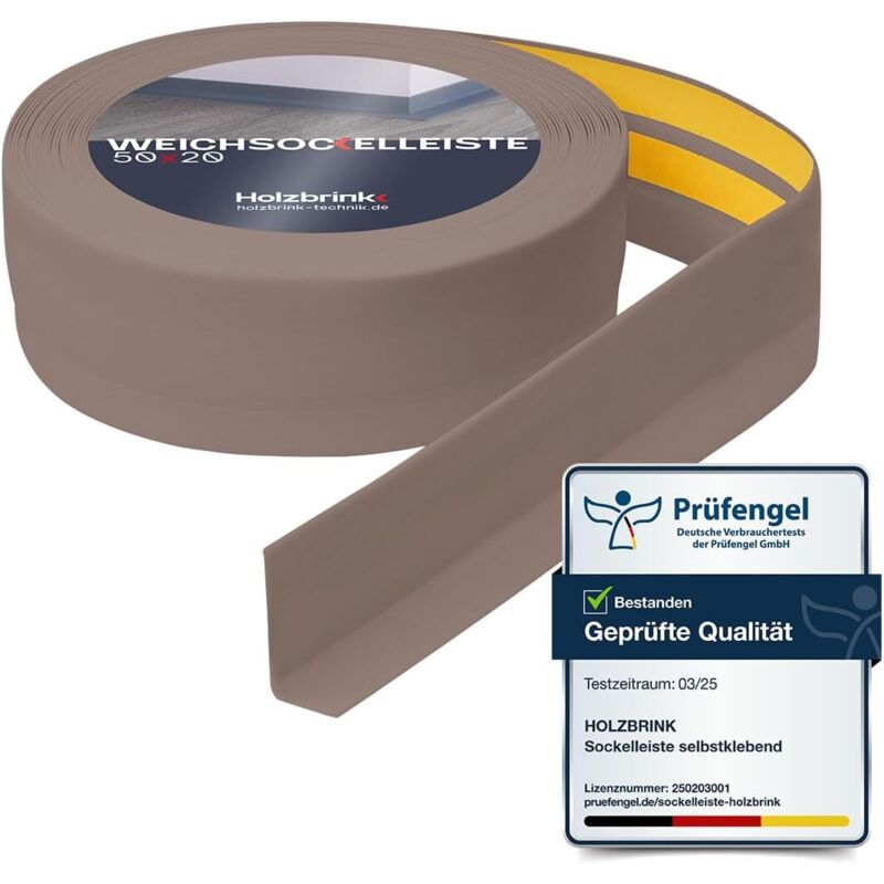 HOLZBRINK Weichsockelleiste selbstklebend PVC 50x20mm, 25 m Winkelleiste für Küchenarbeitsplatte, Bodenbelag Eckleiste selbstklebend Farbe: Cappuccino