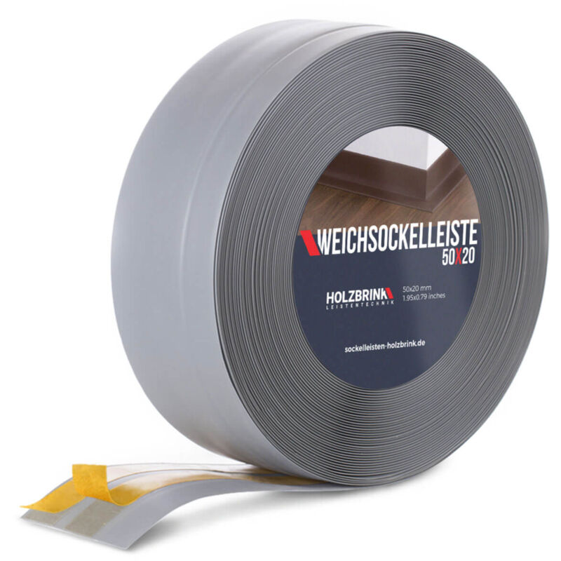HOLZBRINK Weichsockelleiste selbstklebend PVC 50x20mm, 5 m Winkelleiste für Küchenarbeitsplatte, Bodenbelag Eckleiste selbstklebend Farbe: Hellgrau